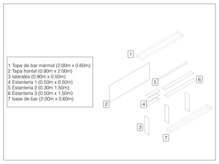 1
2
3
4
5
6
7
1
2
3
4
5
6
7
Tope de bar mármol (2.00m x 0.60m)
Tapa frontal (0.90m x 2.00m)
laterales (0.90m x 0.50m)
Estantería 1 (0.50m x 0.50m)
Estantería 2 (0.30m 1.50m)
Estantería 3 (0.50m x 1.50m)
base de bar (2.00m x 0.60m)
 