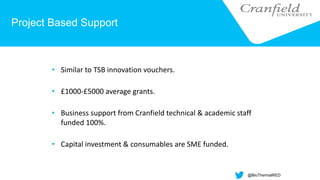 Project Based Support
• Similar to TSB innovation vouchers.
• £1000-£5000 average grants.
• Business support from Cranfield technical & academic staff
funded 100%.
• Capital investment & consumables are SME funded.
@BioThermalRED
 