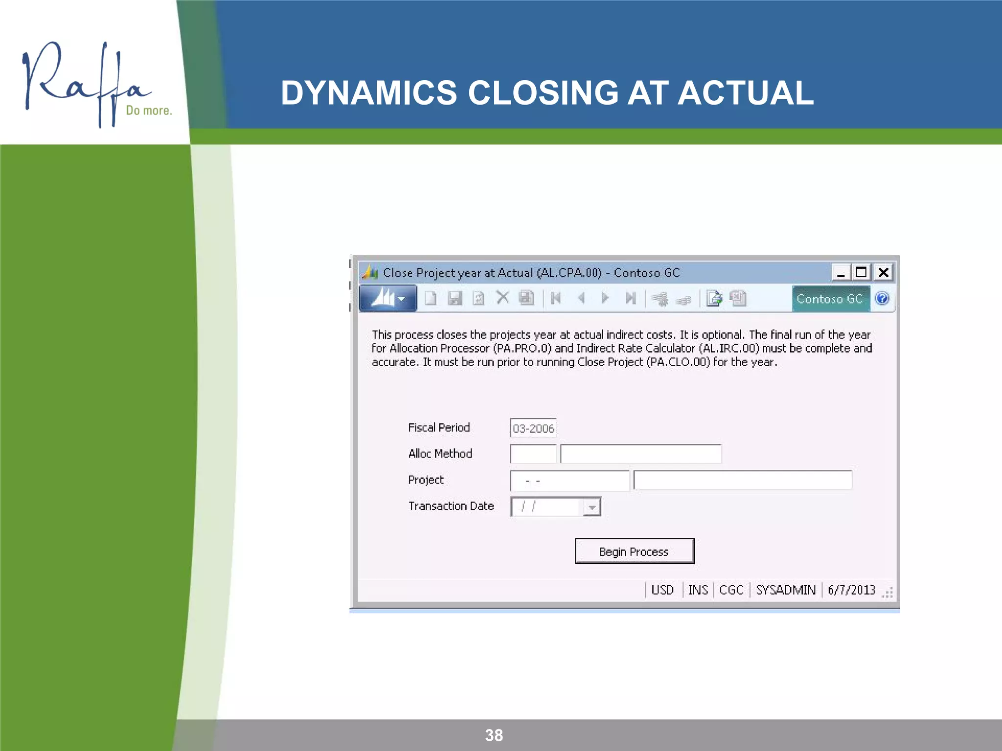DYNAMICS CLOSING AT ACTUAL
38
 