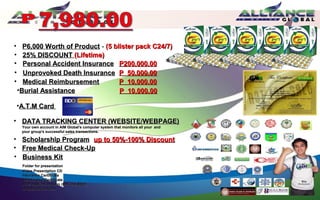 •     P6,000 Worth of Product - (5 blister pack C24/7)
•     25% DISCOUNT (Lifetime)
•     Personal Accident Insurance P200,000.00
•     Unprovoked Death Insurance P 50,000.00
•     Medical Reimbursement          P 10,000.00
    •Burial Assistance               P 10,000.00

    •A.T.M Card

• DATA TRACKING CENTER (WEBSITE/WEBPAGE)
     Your own account in AIM Global's computer system that monitors all your and
     your group's successful sales transactions.

• Scholarship Program up to 50%-100% Discount
• Free Medical Check-Up
• Business Kit
     Folder for presentation
     Video Presentation CD
     Insurance Certificate
     Scholarship Certificate
     ATM application form (BPI and BDO)
     ID application form
 