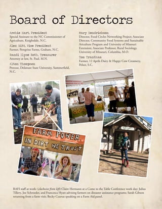 Board of Directors
Archie Hart, President
Special Assistant to the NC Commissioner of
Agriculture, Knightdale, N.C.
Alex Hitt, Vice President
Farmer, Peregrine Farms, Graham, N.C.
Randi Ilyse Roth, Treasurer
Attorney at law, St. Paul, M.N.
Alton Thompson
Provost, Delaware State University, Summerfield,
N.C.
Mary Hendrickson
Director, Food Circles Networking Project; Associate
Director, Community Food Systems and Sustainable
Ariculture Program and University of Missouri
Extension; Associate Professor, Rural Sociology,
University of Missouri, Columbia, M.O.
Tom Trantham
Farmer, 12 Aprils Dairy & Happy Cow Creamery,
Pelzer, S.C.
RAFI staff at work: (clockwise from left) Claire Hermann at a Come to the Table Conference work day; Julius
Tillery, Joe Schroeder, and Francesca Hyatt advising farmers on distaster assistance programs; Sarah Gibson
returning from a farm visit; Becky Ceartas speaking on a Farm Aid panel.
 