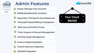 Admin Features
Add/Scale Datacenter Locations
Post-paid/ Prepaid Billing & Chargeback
Invoice & Reporting System
3rd Party...