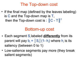 The Top-down cost If the final map (defined by the leaves labeling) is  C  and the Top-down map is  T ,  then the Top-down cost is :  ║C - T║ 2   Bottom-up cost Each segment  S i  labeled  differently  from its parent will pay  b i   =  │ S i │ (1- h i )  where  h i  is its saliency (between 0 to 1) Low-salience segments pay more (they break salient segments) 