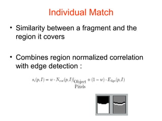 Individual Match Similarity between a fragment and the region it covers Combines region normalized correlation with edge detection :  