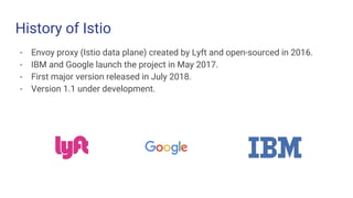 History of Istio
- Envoy proxy (Istio data plane) created by Lyft and open-sourced in 2016.
- IBM and Google launch the project in May 2017.
- First major version released in July 2018.
- Version 1.1 under development.
 
