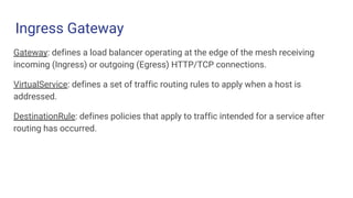 Ingress Gateway
Challenge 1 Challenge 2 Challenge 3
Gateway: defines a load balancer operating at the edge of the mesh receiving
incoming (Ingress) or outgoing (Egress) HTTP/TCP connections.
VirtualService: defines a set of traffic routing rules to apply when a host is
addressed.
DestinationRule: defines policies that apply to traffic intended for a service after
routing has occurred.
 