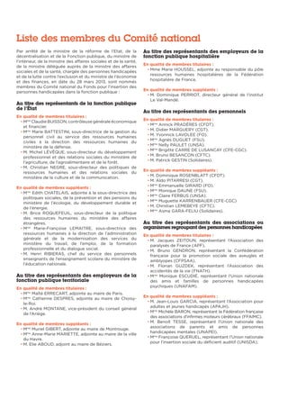 Liste des membres du Comité national
Par arrêté de la ministre de la réforme de l’Etat, de la
décentralisation et de la Fonction publique, du ministre de
l’intérieur, de la ministre des affaires sociales et de la santé,
de la ministre déléguée auprès de la ministre des affaires
sociales et de la santé, chargée des personnes handicapées
et de la lutte contre l’exclusion et du ministre de l’économie
et des finances, en date du 28 mars 2013, sont nommés
membres du Comité national du Fonds pour l’insertion des
personnes handicapées dans la fonction publique :
Au titre des représentants de la fonction publique
de l’État
En qualité de membres titulaires :
• Mme
Claudie BUISSON, contrôleuse générale économique
et financier.
• Mme
Marie BATTESTINI, sous-directrice de la gestion du
personnel civil au service des ressources humaines
civiles à la direction des ressources humaines du
ministère de la défense.
• M. Michel LÉVÊQUE, sous-directeur du développement
professionnel et des relations sociales du ministère de
l’agriculture, de l’agroalimentaire et de la forêt.
• M. Christian NEGRE, sous-directeur des politiques de
ressources humaines et des relations sociales du
ministère de la culture et de la communication.
En qualité de membres suppléants :
• Mme
Edith CHATELAIS, adjointe à la sous-directrice des
politiques sociales, de la prévention et des pensions du
ministère de l’écologie, du développement durable et
de l’énergie.
• M. Brice ROQUEFEUIL, sous-directeur de la politique
des ressources humaines du ministère des affaires
étrangères.
• Mme
Marie-Françoise LEMAITRE, sous-directrice des
ressources humaines à la direction de l’administration
générale et de la modernisation des services du
ministère du travail, de l’emploi, de la formation
professionnelle et du dialogue social.
• M. Henri RIBIERAS, chef du service des personnels
enseignants de l’enseignement scolaire du ministère de
l’éducation nationale.
Au titre des représentants des employeurs de la
fonction publique territoriale
En qualité de membres titulaires :
• Mme
Maïté ERRECART, adjointe au maire de Paris.
• Mme
Catherine DESPRES, adjointe au maire de Choisy-
le-Roi.
• M. André MONTANE, vice-président du conseil général
de l’Ariège.
En qualité de membres suppléants :
• Mme
Muriel GIBERT, adjointe au maire de Montrouge.
• Mme
Anne-Marie MARIETTE, adjointe au maire de la ville
du Havre.
• M. Elie ABOUD, adjoint au maire de Béziers.
Au titre des représentants des employeurs de la
fonction publique hospitalière
En qualité de membres titulaires :
• Mme Marie HOUSSEL, adjointe au responsable du pôle
ressources humaines hospitalières de la Fédération
hospitalière de France.
En qualité de membres suppléants :
• M. Dominique PERRIOT, directeur général de l’institut
Le Val-Mandé.
Au titre des représentants des personnels
En qualité de membres titulaires :
• Mme
Annick PRADÈRES (CFDT).
• M. Didier MARGUERY (CGT).
• M. Yvonnick LAVOLEE (FO).
• Mme
Agnès DUGUET (FSU).
• Mme
Nelly PAULET (UNSA).
• Mme
Brigitte CARRE DE LUSANCAY (CFE-CGC).
• M. Bruno BESANCON (CFTC).
• M. Patrick GESTIN (Solidaires).
En qualité de membres suppléants :
• M. Dominique ROSENBLATT (CFDT).
• M. Aldo PITARRESI (CGT).
• Mme
Emmanuelle GIRARD (FO).
• Mme
Monique DAUNE (FSU).
• Mme
Claire FERBUS (UNSA).
• Mme
Muguette KARRENBAUER (CFE-CGC)
• M. Christian LEMEBEYE (CFTC).
• Mme
Asma GARA-FELIU (Solidaires).
Au titre des représentants des associations ou
organismes regroupant des personnes handicapées
En qualité de membres titulaires :
• M. Jacques ZEITOUN, représentant l’Association des
paralysés de France (APF).
• M. Bruno GENDRON, représentant la Confédération
française pour la promotion sociale des aveugles et
amblyopes (CFPSAA).
• M. Florian GUZDEK, représentant l’Association des
accidentés de la vie (FNATH).
• Mme
Monique ESCUDIÉ, représentant l’Union nationale
des amis et familles de personnes handicapées
psychiques (UNAFAM).
En qualité de membres suppléants :
• M. Jean-Louis GARCIA, représentant l’Association pour
adultes et jeunes handicapés (APAJH).
• Mme
Michèle BARON, représentant la Fédération française
des associations d’infirmes moteurs cérébraux (FFAIMC).
• M. Benoît TESSE, représentant l’Union nationale des
associations de parents et amis de personnes
handicapées mentales (UNAPEI).
• Mme
Françoise QUERUEL, représentant l’Union nationale
pour l’insertion sociale du déficient auditif (UNISDA).
 