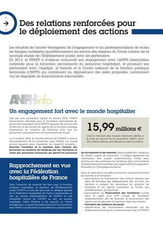 Des relations renforcées pour
le déploiement des actions
-

-
Les résultats de l’année témoignent de l’engagement et du professionnalisme de toutes
les équipes mobilisées quotidiennement au service des missions du Fonds comme de la
synergie réussie de l’Établissement public avec ses partenaires.
En 2013, le FIPHFP a d’ailleurs renouvelé son engagement avec l’ANFH (Association
nationale pour la formation permanente du personnel hospitalier), et poursuivi son
partenariat avec l’Agefiph, le Sameth et le Centre national de la fonction publique
territoriale (CNFPT) qui contribuent au déploiement des aides proposées, notamment
via les dispositifs de financements intermédiés.
Rapprochement en vue
avec la Fédération
hospitalière de France
Dans l’intention de resserrer les liens avec la fonction
publique hospitalière, le directeur de l’Établissement
public FIPHFP a noué des liens avec le délégué général
de la Fédération hospitalière de France (représentée au
sein du conseil d’administration de l’ANFH) en vue
d’amplifier l’action du FIPHFP au sein du secteur
hospitalier. Cette initiative a fait ressortir un intérêt
partagé pour un projet de partenariat dont la convention
avec l’ANFH constituerait l’un des éléments opérationnels.
Un engagement fort avec le monde hospitalier
Liés par une convention signée en janvier 2010, l’ANFH
(Association nationale pour la formation permanente du
personnel hospitalier) et le FIPHFP agissent de concert afin
d’informer et de former les agents de la fonction publique
hospitalière en situation de handicap ainsi que les
personnes composant leur environnement de travail.
Le 11 octobre 2013, le Comité national du FIPHFP a voté le
renouvellement de la convention avec l’ANFH. Le nouvel
accord reprend, pour l’essentiel, les objectifs existants :
favoriser l’insertion et le maintien dans l’emploi des
personnes en situation de handicap par leur formation et
celles des personnes ressources qui gèrent les processus de recrutement et de maintien (responsables RH, médecins
du travail, cadres de proximité). Il intègre également les
conclusions des projets expérimentaux initiés pour
promouvoir des politiques du handicap dans une trentaine
d’établissements hospitaliers des régions PACA/Languedoc-
Roussillon et Champagne-Ardenne.
Dans le cadre de la nouvelle convention, la priorité d’action
est donnée à la formation :
• participation au financement des actions relevant des
plans de formation des établissements afin d’inciter ces
derniers à intégrer les personnes en situation de
handicap et les agents souhaitant se former aux
problématiques du handicap ;
• participation au financement des formations suivies
dans le cadre d’un CFP (congé de formation
professionnelle) afin de favoriser la reconversion des
agents qui ne peuvent se maintenir dans leur emploi ;
• formation des médecins du travail ;
• identification des financements demandés par les
établissements lorsqu’ils conventionnent avec le FIPHFP.
15,99millions €
C’est le montant des moyens financiers dédiés à
la mise en oeuvre de la convention ANFH, dont
13,5 millions d’euros sont alloués au volet formation.
 