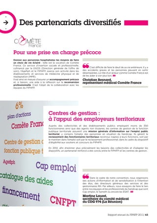 Des partenariats diversifiés
-

-
C’est difficile de faire le deuil de sa vie antérieure. Il y a
des accidents graves et les personnes peuvent en sortir
désemparées. Le rôle d’un acteur comme Comète France est
de les aider à voir plus loin.
Christian Besnard,
représentant médical Comète France
Donner aux personnes hospitalisées les moyens de faire
un choix de vie éclairé : telle est la vocation de Comète
France. Ce service d’insertion sociale et professionnelle,
cofinancé par la DGOS (Direction générale de l’offre de
soin), l’Agefiph et le FIPHFP, exerce son activité dans les
établissements et services de médecine physique et de
réadaptation (MPR).
Il est ainsi en mesure d’assurer un accompagnement précoce
et, si besoin, une aide à la réflexion sur la reconversion
professionnelle. C’est l’objet de la collaboration avec les
équipes du FIPHFP.
Pour une prise en charge précoce
Centres de gestion :
à l’appui des employeurs territoriaux
Auprès des collectivités et des établissements publics employant moins de 350
fonctionnaires ainsi que des agents non titulaires, les centres de gestion de la fonction
publique territoriale assurent une mission générale d’information sur l’emploi public
territorial, y compris l’emploi des personnes en situation de handicap. Ils gèrent le
reclassement des fonctionnaires territoriaux reconnus inaptes à leurs fonctions, soit par
le maintien dans l’emploi soit par le reclassement professionnel, dans le cadre du dispositif
d’éligibilité aux soutiens et concours du FIPHFP.
En 2012, afin d’estimer plus précisément les besoins des collectivités et d’adapter les
dispositifs, un partenariat renforcé a été conclu entre le FIPHFP et les centres de gestion.
Dans le cadre de notre convention, nous organisons
des actions d’information et de sensibilisation à l’intention
des élus, des directeurs généraux des services et des
gestionnaires RH. Par ailleurs, nous essayons de faire le lien
entre nos équipes et les professionnels du handicap que sont
Cap emploi, le Sameth ou encore les ESAT. 
Martine Lauret,
secrétaire du comité médical
du CDG 974 (La Réunion)
Rapport annuel du FIPHFP 2013/63
 
