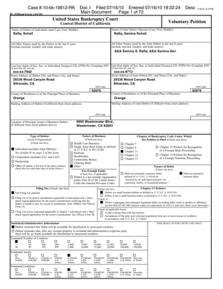 Case 8:10-bk-19812-RK                                  Doc 1 Filed 07/16/10 Entered 07/16/10 18:32:24                                                        Desc          7/16/10 6:21PM

B1 (Official Form 1)(4/10)
                                                                           Main Document     Page 1 of 72
                                                  United States Bankruptcy Court
                                                          Central District of California                                                                            Voluntary Petition
          9
          !
          '
          "
          :
          #
          1
          $
          -
          %
          *
          &
          ,
          4
          (
          )
          ;
          5
          +
          /
          <
          .
          0
          2
          3
          6
          7
          8




 Name of Debtor (if individual, enter Last, First, Middle):                                                 Name of Joint Debtor (Spouse) (Last, First, Middle):
  Rafiq, Sohail                                                                                                Rafiq, Samina Sohail


All Other Names used by the Debtor in the last 8 years                                                      All Other Names used by the Joint Debtor in the last 8 years
(include married, maiden, and trade names):                                                                 (include married, maiden, and trade names):
                                                                                                               AKA Samina S. Rafiq; AKA Samina Alvi



Last four digits of Soc. Sec. or Individual-Taxpayer I.D. (ITIN) No./Complete EIN                           Last four digits of Soc. Sec. or Individual-Taxpayer I.D. (ITIN) No./Complete EIN
(if more than one, state all)                                                                               (if more than one, state all)
  xxx-xx-7642                                                                                                  xxx-xx-9713
Street Address of Debtor (No. and Street, City, and State):                                                 Street Address of Joint Debtor (No. and Street, City, and State):
  29336 Wood Canyon Road                                                                                      29336 Wood Canyon Road
  Silverado, CA                                                                                               Silverado, CA
                                                                                           ZIP Code                                                                                        ZIP Code
                                                                                         92676                                                                                         92676
County of Residence or of the Principal Place of Business:                                                  County of Residence or of the Principal Place of Business:
  Orange                                                                                                       Orange
Mailing Address of Debtor (if different from street address):                                               Mailing Address of Joint Debtor (if different from street address):


                                                                                           ZIP Code                                                                                        ZIP Code

Location of Principal Assets of Business Debtor                        6695 Westminster Blvd.,
(if different from street address above):                              Westminster, CA 92683


                       Type of Debtor                                       Nature of Business                                              Chapter of Bankruptcy Code Under Which
                    (Form of Organization)                                     (Check one box)                                                 the Petition is Filed (Check one box)
                       (Check one box)                              Health Care Business                                    Chapter 7
                                                                    Single Asset Real Estate as defined                     Chapter 9                       Chapter 15 Petition for Recognition
     Individual (includes Joint Debtors)                            in 11 U.S.C. § 101 (51B)                                                                of a Foreign Main Proceeding
     See Exhibit D on page 2 of this form.                                                                                  Chapter 11
                                                                    Railroad
                                                                                                                            Chapter 12                      Chapter 15 Petition for Recognition
     Corporation (includes LLC and LLP)                             Stockbroker
                                                                                                                            Chapter 13                      of a Foreign Nonmain Proceeding
                                                                    Commodity Broker
     Partnership
                                                                    Clearing Bank
     Other (If debtor is not one of the above entities,             Other                                                                               Nature of Debts
     check this box and state type of entity below.)                                                                                                     (Check one box)
                                                                            Tax-Exempt Entity
                                                                           (Check box, if applicable)                      Debts are primarily consumer debts,                 Debts are primarily
                                                                    Debtor is a tax-exempt organization                    defined in 11 U.S.C. § 101(8) as                    business debts.
                                                                    under Title 26 of the United States                    "incurred by an individual primarily for
                                                                    Code (the Internal Revenue Code).                      a personal, family, or household purpose."

                                Filing Fee (Check one box)                                    Check one box:                          Chapter 11 Debtors
     Full Filing Fee attached                                                                      Debtor is a small business debtor as defined in 11 U.S.C. § 101(51D).
                                                                                                   Debtor is not a small business debtor as defined in 11 U.S.C. § 101(51D).
     Filing Fee to be paid in installments (applicable to individuals only). Must             Check if:
     attach signed application for the court's consideration certifying that the
                                                                                                   Debtor’s aggregate noncontingent liquidated debts (excluding debts owed to insiders or affiliates)
     debtor is unable to pay fee except in installments. Rule 1006(b). See Official
                                                                                                   are less than $2,343,300 (amount subject to adjustment on 4/01/13 and every three years thereafter).
     Form 3A.
                                                                                              Check all applicable boxes:
     Filing Fee waiver requested (applicable to chapter 7 individuals only). Must                  A plan is being filed with this petition.
     attach signed application for the court's consideration. See Official Form 3B.
                                                                                                   Acceptances of the plan were solicited prepetition from one or more classes of creditors,
                                                                                                   in accordance with 11 U.S.C. § 1126(b).
Statistical/Administrative Information                                                                                                                    THIS SPACE IS FOR COURT USE ONLY
   Debtor estimates that funds will be available for distribution to unsecured creditors.
   Debtor estimates that, after any exempt property is excluded and administrative expenses paid,
   there will be no funds available for distribution to unsecured creditors.
Estimated Number of Creditors

     1-              50-            100-           200-       1,000-        5,001-        10,001-       25,001-       50,001-          OVER
     49              99             199            999        5,000        10,000         25,000        50,000        100,000         100,000
Estimated Assets

     $0 to           $50,001 to     $100,001 to    $500,001   $1,000,001   $10,000,001    $50,000,001   $100,000,001 $500,000,001 More than
     $50,000         $100,000       $500,000       to $1      to $10       to $50         to $100       to $500      to $1 billion $1 billion
                                                   million    million      million        million       million
Estimated Liabilities

     $0 to           $50,001 to     $100,001 to    $500,001   $1,000,001   $10,000,001    $50,000,001   $100,000,001 $500,000,001 More than
     $50,000         $100,000       $500,000       to $1      to $10       to $50         to $100       to $500      to $1 billion $1 billion
                                                   million    million      million        million       million
 