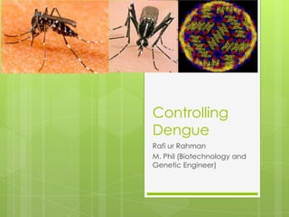 Controlling
Dengue
Rafi ur Rahman
M. Phil (Biotechnology and
Genetic Engineer)
 