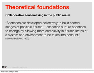 Theoretical foundations
      Collaborative sensemaking in the public realm

      “Scenarios are developed collectively t...