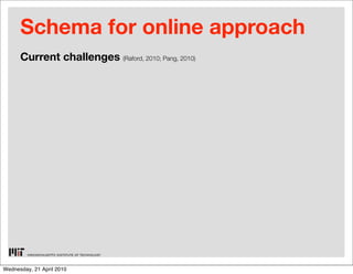 Schema for online approach
      Current challenges (Raford, 2010; Pang, 2010)




Wednesday, 21 April 2010
 