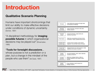 Introduction
Qualitative Scenario Planning

Humans have important shortcomings that                                                                    Client deﬁnes key questions through initial       Meetings,
                                                                                           ID Issues
limit our ability to make effective decisions                                                              conversations & meetings                        conversations



under conditions of dynamic uncertainty                                                    Generate
                                                                                          key themes
                                                                                                           Expert interviews, brainstorm with client,
                                                                                                           desktop research
                                                                                                                                                           F2F & phone
                                                                                                                                                            interviews
(Dorner, 1997)
                                                                                           ID driving      Extract key themes, create trends and              Group
                                                                                                                                                             workshop
“A disciplined methodology for imaging
                                                                                             forces        timelines, key events



possible futures in which organizational                                                  Rank factors
                                                                                                           Select key uncertainties and forces, list by
                                                                                                           uncertainty / impact, predetermined drivers


decisions may be played out” (Shoemaker,                                                 Develop draft     Create scenario snippets, draft systems

1995)                                                                                    scenario logic    diagrams, mix and match trends, 2x2 grids



                                                                                          Create draft     Integrate themes from draft scenarios, create   Consultant

“Tools for foresight discussions...                                                      ﬁnal scenarios    headlines and scenario narratives                 report



whose purpose is not a prediction or a                                                      Finalise       Get client feedback, reﬁne, detail, elaborate      Group
                                                                                                                                                             workshop
plan, but a change in the mindset of the
                                                                                           scenarios       narrative to ﬁnal form

                                                                                                          Identify key strategic themes, reﬂect on
people who use them” (de Gues, 1997)                                                       Consider
                                                                                          implications
                                                                                                          strategic questions in the context of each
                                                                                                          scenario



                                                                                             Identify     ID key indicators in each scenario for            Consultant
                                                                                           indicators     strategic concerns                                  report




     Noah Raford, PhD Defence, MIT DUSP, Large Scale Participatory Futures Systems: A Comparative Study of Online Scenario Planning Approaches                   3
 