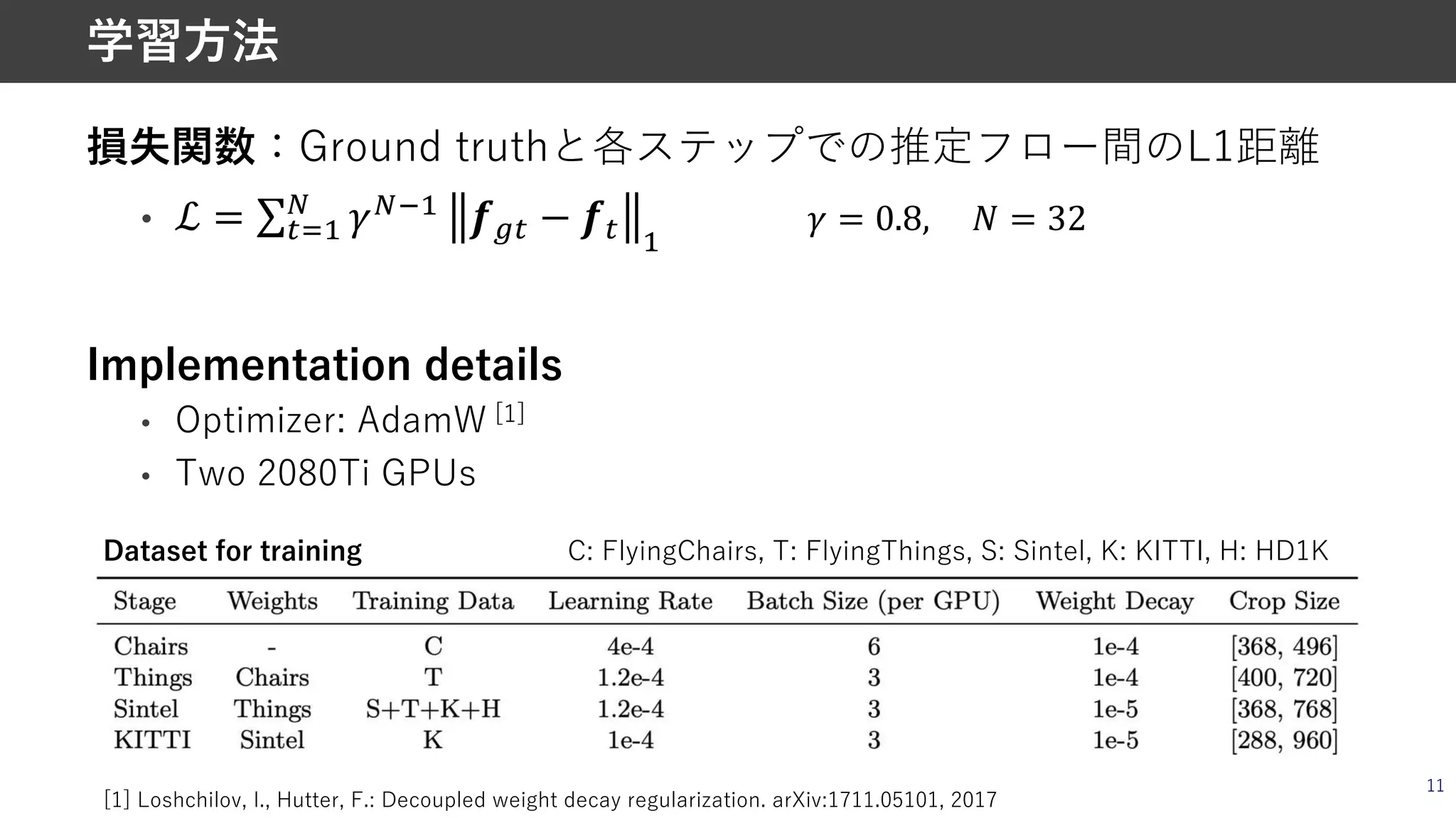 損失関数：Ground truthと各ステップでの推定フロー間のL1距離
• ℒ = ∑$%&
'
(')&
*+$ − *$ &
( = 0.8, 1 = 32
Implementation details
• Optimizer: AdamW [1]
• Two 2080Ti GPUs
11
学習⽅法
[1] Loshchilov, I., Hutter, F.: Decoupled weight decay regularization. arXiv:1711.05101, 2017
Dataset for training C: FlyingChairs, T: FlyingThings, S: Sintel, K: KITTI, H: HD1K
 
