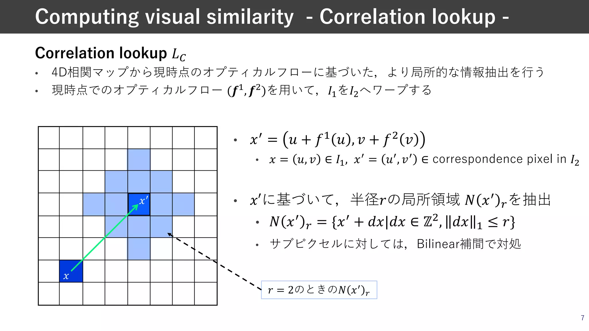 Correlation lookup !"
• 4D相関マップから現時点のオプティカルフローに基づいた，より局所的な情報抽出を⾏う
• 現時点でのオプティカルフロー ($%, $')を⽤いて，)%を)'へワープする
7
Computing visual similarity - Correlation lookup -
*+
*
• *+ = - + /% - , 0 + /' 0
• * = -, 0 ∈ )%, *+ = -+, 0+ ∈ correspondence pixel in )'
• *′に基づいて，半径3の局所領域 4 *+
5を抽出
• 4 *+
5 = {*+ + 7*|7* ∈ ℤ', 7* % ≤ 3}
• サブピクセルに対しては，Bilinear補間で対処
3 = 2のときの4 *+
5
 