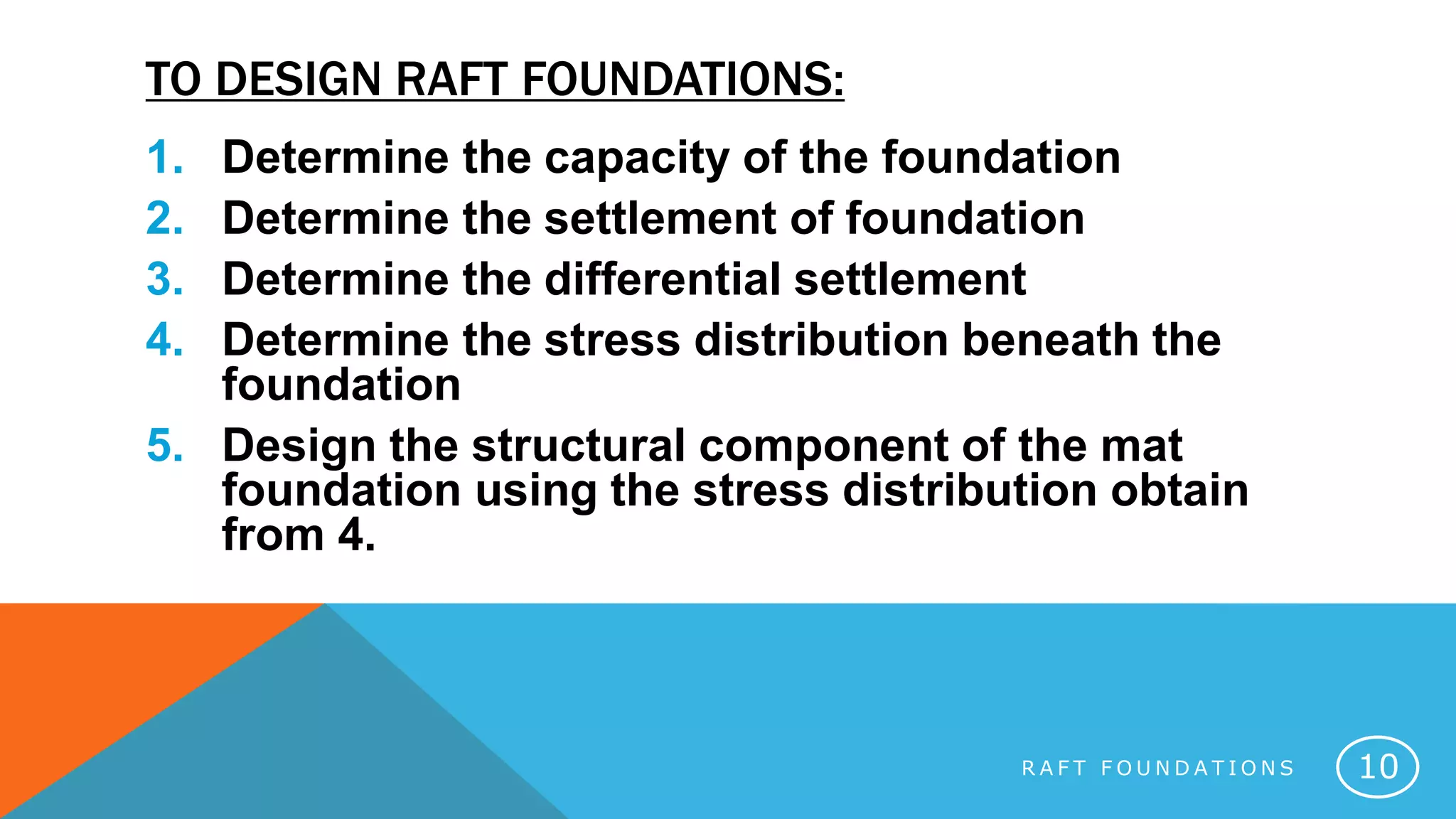 TO DESIGN RAFT FOUNDATIONS:
1. Determine the capacity of the foundation
2. Determine the settlement of foundation
3. Determine the differential settlement
4. Determine the stress distribution beneath the
foundation
5. Design the structural component of the mat
foundation using the stress distribution obtain
from 4.
R A F T F O U N D A T I O N S 10
 