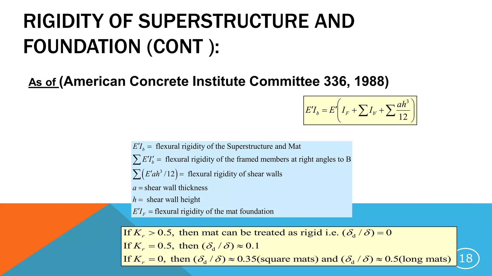RIGIDITY OF SUPERSTRUCTURE AND
FOUNDATION (CONT ):
As of (American Concrete Institute Committee 336, 1988)






  
12
3
ah
IIEIE bFb
 3
flexural rigidity of the Superstructure and Mat
flexural rigidity of the framed members at right angles to B
/12 flexural rigidity of shear walls
shear wall thickness
shear wall
b
b
E I
E I
E ah
a
h
 
  
 




height
flexural rigidity of the mat foundationFE I 
18
d
d
d d
If 0.5, then mat can be treated as rigid i.e. ( / ) 0
If 0.5, then ( / ) 0.1
If 0, then ( / ) 0.35(square mats) and ( / ) 0.5(long mats)
r
r
r
K
K
K
 
 
   
 
 
  
 