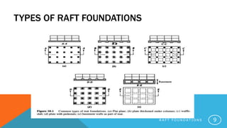 TYPES OF RAFT FOUNDATIONS
R A F T F O U N D A T I O N S 9
 