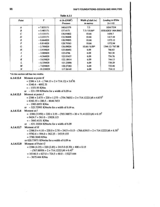 RAFT FOUNDAT1ONSDESIGNAND ANALYSIS

Table A.l.l
Point
A

B
C
D
E
F
G
H
I
J
K
L
M
N

Y
+ 7.835171
+ 5.485171
+ 5.135171

+ 2.235171
- 0.664829
- 0.814829
- 2.789829
- 2.939829
- 3.089829
- 4.364829
- 5.639829
- 6.339829
- 7.039829
- 19.239829

o (In KN/MZ)
Pressure
140.63379
137.4171
136.93802
132.96848
128.99895
128.79363
126.09024
125.88492
125.6796
123.93437
122.18914
121.23098
120.27282
117.26145

in metres

Loading in KN/m
fw X a)

7.5
7.5 110.66*
10.66
10.66
10.66
10.66
10.66 16.09*
6.09
6.09
6.09
6.09
6.09
6.09
6.09

1054.7534
1030.62831 1464.8663
1459.7
1417.44
1375.12
1372.94
1344.121767.88
766.63
765.38
754.76
744.13
738.29
732.46
714.12

W d h of slab (w)
it

*At this section raft has two w d h .
its

A141.
...24

A1415
...2

A141.
...26

A141.
...27

A141.
...28

Moment at point K
= 2386x 1.4- (744.13 + 2 x 714.12) x 3.62/6
= 3340.4 - 4692.33
= - 1351.93 KNm
or - 221.I99 KNmIm for a width of 6.09 m
Moment at point J
= 2386 x 2.675 + 220 x 1.275 - (754.76032 + 2 x 714.12221)/6 x 4.8752
= 6382.55 + 280.5 - 8646.7453
= - 1983.6953 KNm
or - 325.72993 KNmlm for a width of 6.09 m.
Moment at l
= 2386 (3.950) + 220 x 2.55 - (765.38875 + 20 x 71.412221)/6 x 6.15~
= 9424.7 + 561.0 - 13828.115
= - 3843.4151 KNm
or - 63 1.10264 KNmIm for a width of 6.09
Moment of H
= 2386.0 x 4.10 + 220.0 x 2.70 + 2415 x 0.15 - (766.63915 + 2 x 714.12221)/6 x 6.30~
= 9782.6 + 594.0 + 362.25 - 14519.155
= 3780.3048 KNm
or 620.73971 K N d m for a width of 6.09 m
Moment of Point G
= 2386 (4.25) + 220 (2.85) + 2415.0 (0.30) + 400 x 0.15
- (767.88956 + 2 x 714.12221)/6 x 6.452
= 10140.5 + 627.0 + 724.5 + 60.0 - 15227.444
= - 3675.444 KNm

 