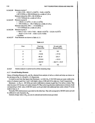 110
A.1.6.2.14

A.1.6.2.15

A.1.6.2.16

A.1.6.2.17

RAFT FOUNDATIONS-DESIGNAND ANALYSIS

Moment at point C
= 1166 x 2.90 - 188.417 x 5.025~12 74.85 x 5.025~16
= 687.55 KNm or 300.24 KNdm for a width of 2.29 m
Moment reduced by 30% = 48 1.29 KNm or
= 210.17 KNmIm for a width of 2.29 m
Moment at point B
= - (188.42 x 2.125~12 3 1.65 x 2.125~16)
+
= - 449.23 KNm or - 196.17 KNrn for a width of 2.29 m
Moment reduced by 30% = - 314.46 KNrn or
- 137.32 KNdm for a width of 2.29 m
~ o m e nat point A
t
= 1166 x 2.125 + 1143 x 7.925 - 188.42 x 8 . ~ - 123.26 x~8.2752/3
5 ~
- 96.63 x 2.35 x 9.45 - 10.85 x 2.35 x 9.84D
= 0.0 KNrn
Final Moments are shown in Table A.1.5.
Table A.1.5
Point

Per unit width
Moment K N d m

A

A.1.6.3

Total strip
Moment KNm

0.0

0.0

Similar analysis is canied out for all the remaining strips

A.1.7 Overall Bending Moments

Values of Bending Moments M and M obtained from analysis of raft as a whole and strips are shown on
,
,
the raft plans in Fig. A. 1.20 and A. 1.21 respectively.
,
It would be seen from that figures that Maximum + ve B.M. M if 154.5 KN metre per metre width at the
centre of columns in grid line 1 and 2 with higher values of 280 and 210 in ship nos. 5 and 9 respectively.
,
Maximum - ve M is - 603 KNm per metre width below columns in grid line 5 for raft as a whole. This
value becomes 1337 in strip no 8 under columns F3. Thus in the long direction reinforcement at bottom of raft
corresponding to B.M. value of 600 KN metre can be provided with additional bars under column F3 in the
width of strip no. 8.
Normally 50% reinforcement is provided on the other face. This will correspond to 300 KN metre and will
be sufficient to care of positive M
.
,
Similarly design value of M can also be selected and reinforcement provided.
,

 