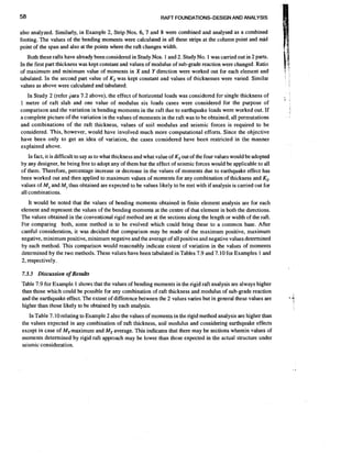 58

RAFT FOUNDATIONS-DESIGN AND ANALYSIS

also analyzed. Similarly, in Example 2, strip Nos. 6, 7 and 8 were combined and analysed as a combined
footing. -The values of the bending moments were calculated in all these strips at the column point and mid
point of the span and also at the points where the raft changes width.
Both these rafts have already been considered in Study Nos. 1 and 2. Study No. 1 was carried out in 2 parts.
In the first part thickness was kept constant and values of modulus of sub-grade reaction were changed. Ratio
of maximum and minimum value of moments in X and Y direction were worked out for each element and
tabulated. In the second part value of Ks was kept constant and values of thicknesses were varied. Similar
values as above were calculated and tabulated.
In Study 2 (refer ljara 7.2 above), the effect of horizontal loads was considered for single thickness of
1 metre of raft slab and one value of modulus six loads cases were considered for the purpose of
comparison and the variation in bending moments in the raft due to earthquake loads were worked out. If
acomplete picture of the variation in the values of moments in the raft was to be obtained, all permutations
and combinations of the raft thickness, values of soil modulus and seismic forces is required to be
considered. This, however, would have involved much more computational efforts. Since the objective
have been only to get an idea of variation, the cases considered have been restricted in the manner
explained above.

,
I

In fact, it is difficult to say as to what thickness and what value of Ksout of the four values would be adopted
by any designer, he being free to adopt any of them but the effect of seismic forces would be applicable to all
of them. Therefore, percentage increase or decrease in the values of moments due to earthquake effect has
,
been worked out and then applied to maximum values of moments for any combination of thickness and K.
values of M, and M y
thus obtained are expected to be values likely to be met with if analysis is carried out for
all combinations.
It would be noted that the values of bending moments obtained in finite element analysis are for each
element and represent the values of the bending moments at the centre of that element in both the directions.
The values obtained in the conventional rigid method are at the sections along the length or width of the raft.
For comparing both, some method is to be evolved which could bring these to a common base. After
careful consideration, it was decided that comparison may be made of the maximum positive, maximum
negative, minimum positive, minimum negative and the average of all positive and negative values determined
by each method. This comparison would reasonably indicate extent of variation in the values of moments
determined by the two methods. These values have been tabulated in Tables 7.9 and 7.10 for Examples 1 and
2, respectively.
7.3.3 Discussion of Results
Table 7.9 for Example 1 shows that the values of bending moments in the rigid raft analysis are always higher
than those which could be possible for any combination of raft thickness and modulus of sub-grade reaction
and the earthquake effect. The extent of difference between the 2 values varies but in general these values are
higher than those likely to be obtained by each analysis.
In Table 7.10 relating to Example 2 also the values of moments in the rigid method analysis are higher than
the values expected in any combination of raft thickness, soil modulus and considering earthquake effects
except in case of M ymaximum and M yaverage. This indicates that there may be sections wherein values of
moments determined by rigid raft, approach may be lower than those expected in the actual structure under
seismic consideration.

L=
I

 