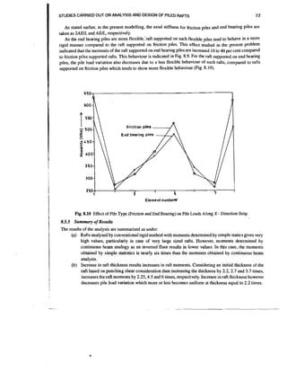 STUDIES CARRIED OUT ON ANALYSIS AND DESIGN OF PILED RAFTS

77

As stated earlier, in the present modelling; the axial stiffness for friction piles and end bearing piles are
taken as 2AEIL and AUL, respectively.
AS the end bearing piles are more flexible,-raft supported on such flexible piles tend to behave in a more
rigid manner compared to the raft supported on friction piles. This effect studied in the present problem
indicated that the moments of the raft supported on end bearing piles are increased 10 to 40 per cent compared
to friction piles supported rafts. This behaviour is indicated in Fig. 8.9. For the raft supported on end bearing
piles, the pile load variation also decreases due to a less flexible behaviour of such rafts, compared to rafts
supported on friction piles which tends to show more flexible behaviour (Fig. 8.10).

Element n u m b e e

Fig. 8.10 Effect of Pile Type (Friction and End Bearing) on Pile Loads Along X - Direction Strip.
8.5.5 Summary o Results
f

The results of the analysis are summarised as under:
(a) Rafts analysed by conventional rigidmethod with moments determined by simple statics gives very
high values, particularly in case of very large sized rafts. However, moments determined by
continuous beam analogy as an inverted floor results in lower values. In this case, the moments
obtained by simple statistics is nearly six times than the moments obtained by continuous beam
analysis.
(b) Increase in raft thickness results increases in raft moments. Considering an initial thickness of the
raft based on punching shear consideration then increasing the thickness by 2.2,2.7 and 3.7 times,
increases the raft moments by 2.25.4.5 and 6 times, respectively. Increase in raft thickness however
decreases pile load variation which more or less becomes uniform at thickness equal to 2.2 times.

 