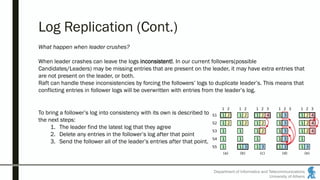 Log Replication (Cont.)
Department of Informatics and Telecommunications
University of Athens
What happen when leader crushes?
When leader crashes can leave the logs inconsistent!. In our current followers(possible
Candidates/Leaders) may be missing entries that are present on the leader, it may have extra entries that
are not present on the leader, or both.
Raft can handle these inconsistencies by forcing the followers’ logs to duplicate leader’s. This means that
conflicting entries in follower logs will be overwritten with entries from the leader’s log.
To bring a follower’s log into consistency with its own is described to
the next steps:
1. The leader find the latest log that they agree
2. Delete any entries in the follower’s log after that point
3. Send the follower all of the leader’s entries after that point.
 