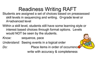 Readiness Writing RAFT
Students are assigned a set of choices based on preassessed
  skill levels in sequencing and writing. G=grade level or
  A=advanced level
Within a skill level, students still have some learning style or
  interest based choices through format options. Levels
  would NOT be seen by the students.
Know:           sequence, pace
Understand: Seeing events in a logical order
Do:                    Place items in order of occurrence;
                    write with accuracy & completeness
 