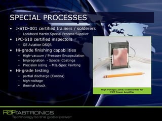 • J-STD-001 certified trainers / solderers
– Lockheed Martin Special Process Supplier
• IPC-610 certified inspectors
– GE Aviation DSQR
• Hi-grade finishing capabilities
– High-vacuum / Pressure Encapsulation
– Impregnation - Special Coatings
– Precision sizing - MIL-Spec Painting
• Hi-grade testing
– partial discharge (Corona)
– high-voltage
– thermal shock
SPECIAL PROCESSES
High Voltage (10kV) Transformer for
TWT Power Amplifier
 