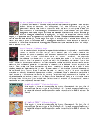 LA PRINCIPESSA DELLE FORESTE di Geronimo Stilton
              Il silenzio della Foresta Vivente è attraversato dai tamburi di guerra: i fieri Nai-Lai
              hanno deciso di ribellarsi alla Principessa Yara. Per difendere la pace, la
              principessa lancia una sfida al capo della tribù dei Nai-Lai: una gara di tiro con
              l'arco deciderà le sorti del regno. Durante l'incontro, Yara centra il bersaglio senza
              sbagliare, ma viene colpita al cuore da Vannak, l'affascinante rivale! Mentre gli
              echi di battaglia lentamente si spengono, il Saggio dei Coleotteri Cobalto viene
rapito, e la preziosa lastra d'argento del Regno delle Foreste scompare misteriosamente. Tutto
lascia pensare che anche qui, come negli altri regni, il Principe Senza Nome abbia messo in
atto i suoi oscuri piani di vendetta. Per la coraggiosa Principessa delle Foreste è venuto il
momento di unirsi alle sue sorelle e fronteggiare una minaccia che affonda le radici nel tempo.
Età di lettura: da 10 anni.

             SHADOWLAND di Alyson Noel
             Ever e Damen hanno viaggiato attraverso innumerevoli vite passate, combattendo
             contro un mondo popolato dai più oscuri nemici, per poter stare insieme per
             sempre. Ma proprio quando il loro destino a lungo atteso è finalmente a portata di
             mano, una potente maledizione cade su Damen... qualcosa che potrebbe
             distruggere ogni cosa. Ora, un solo tocco delle loro mani o un delicato sfiorarsi
             delle loro labbra potrebbe significare la morte improvvisa di Damen. Così i due
sono costretti a immergersi nel regno ultraterreno delle ombre, un abisso eterno per le anime
perdute. Nel disperato tentativo di spezzare la maledizione e salvare Damen attraverso la
magia, Ever trova una fonte inaspettata di aiuto, JudeKnight. Anche se lei e Jude si sono
appena incontrati, Ever sente che tra loro c'è qualcosa di incredibilmente familiare. Nonostante
la sua lealtà verso Damen, Ever è attratta da Jude, un ragazzo dagli occhi verdi con talenti
magici e un passato misterioso. Ha sempre creduto che Damen fosse la sua anima gemella e il
vero amore, e crede ancora che lo sia. Ma mentre Damen tenta di allontanare le tenebre che
attanagliano la sua anima, il rapporto tra Ever e Jude diventa più forte, e le prove che dovrà
affrontare per dimostrare il suo amore per Damen saranno sempre più impegnative, mentre
sente che sta nascendo qualcosa per Jude.

                   A NANNA, ORSETTO! di Annie Kubler
                   Una storia in rima accompagnata da tenere illustrazioni. Un libro che si
                   anima ideale da raccontare ai bimbi più piccoli, che potranno così sviluppare
                   (e capacità primarie del linguaggio e della comunicazione. Età di lettura: da
                   3 anni.




                   A TAVOLA, TIPPY! di Annie Kubler
                   Una storia in rima accompagnata da tenere illustrazioni. Un libro che si
                   anima ideale da raccontare ai bimbi più piccoli, che potranno così sviluppare
                   (e capacità primarie del linguaggio e della comunicazione. Età di lettura: da
                   3 anni.
 