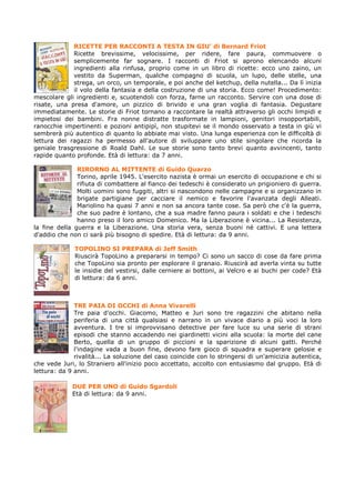 RICETTE PER RACCONTI A TESTA IN GIU’ di Bernard Friot
             Ricette brevissime, velocissime, per ridere, fare paura, commuovere o
             semplicemente far sognare. I racconti di Friot si aprono elencando alcuni
             ingredienti alla rinfusa, proprio come in un libro di ricette: ecco uno zaino, un
             vestito da Superman, qualche compagno di scuola, un lupo, delle stelle, una
             strega, un orco, un temporale, e poi anche del ketchup, della nutella... Da lì inizia
             il volo della fantasia e della costruzione di una storia. Ecco come! Procedimento:
mescolare gli ingredienti e, scuotendoli con forza, farne un racconto. Servire con una dose di
risate, una presa d'amore, un pizzico di brivido e una gran voglia di fantasia. Degustare
immediatamente. Le storie di Friot tornano a raccontare la realtà attraverso gli occhi limpidi e
impietosi dei bambini. Fra nonne distratte trasformate in lampioni, genitori insopportabili,
ranocchie impertinenti e pozioni antipipì, non stupitevi se il mondo osservato a testa in giù vi
sembrerà più autentico di quanto lo abbiate mai visto. Una lunga esperienza con le difficoltà di
lettura dei ragazzi ha permesso all'autore di sviluppare uno stile singolare che ricorda la
geniale trasgressione di Roald Dahl. Le sue storie sono tanto brevi quanto avvincenti, tanto
rapide quanto profonde. Età di lettura: da 7 anni.

               RIRORNO AL MITTENTE di Guido Quarzo
               Torino, aprile 1945. L'esercito nazista è ormai un esercito di occupazione e chi si
               rifiuta di combattere al fianco dei tedeschi è considerato un prigioniero di guerra.
               Molti uomini sono fuggiti, altri si nascondono nelle campagne e si organizzano in
               brigate partigiane per cacciare il nemico e favorire l'avanzata degli Alleati.
               Mariolino ha quasi 7 anni e non sa ancora tante cose. Sa però che c'è la guerra,
               che suo padre è lontano, che a sua madre fanno paura i soldati e che i tedeschi
               hanno preso il loro amico Domenico. Ma la Liberazione è vicina... La Resistenza,
la fine della guerra e la Liberazione. Una storia vera, senza buoni né cattivi. E una lettera
d'addio che non ci sarà più bisogno di spedire. Età di lettura: da 9 anni.

              TOPOLINO SI PREPARA di Jeff Smith
              Riuscirà TopoLino a prepararsi in tempo? Ci sono un sacco di cose da fare prima
              che TopoLino sia pronto per esplorare il granaio. Riuscirà ad averla vinta su tutte
              le insidie del vestirsi, dalle cerniere ai bottoni, ai Velcro e ai buchi per code? Età
              di lettura: da 6 anni.



              TRE PAIA DI OCCHI di Anna Vivarelli
              Tre paia d'occhi. Giacomo, Matteo e Juri sono tre ragazzini che abitano nella
              periferia di una città qualsiasi e narrano in un vivace diario a più voci la loro
              avventura. I tre si improvvisano detective per fare luce su una serie di strani
              episodi che stanno accadendo nei giardinetti vicini alla scuola: la morte del cane
              Berto, quella di un gruppo di piccioni e la sparizione di alcuni gatti. Perché
              l'indagine vada a buon fine, devono fare gioco di squadra e superare gelosie e
              rivalità... La soluzione del caso coincide con lo stringersi di un'amicizia autentica,
che vede Juri, lo Straniero all'inizio poco accettato, accolto con entusiasmo dal gruppo. Età di
lettura: da 9 anni.

             DUE PER UNO di Guido Sgardoli
             Età di lettura: da 9 anni.
 