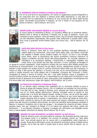 IL GIORNALE DELLE FAVOLE di Stefano Bordiglioni
             C'è chi fa una torre di stuzzicadenti, chi monta un gigantesco puzzle fotografico e
             chi costruisce fiori con plastica e cartone presi dalla spazzatura. E una gara di
             creatività che ha organizzato la direttrice di una scuola per gli allievi delle quinte
             classi. Vincerebbe sicuramente il migliore, se non ci fosse in una squadra chi ha
             deciso di barare... Età di lettura: da 9 anni.



             HEARTLAND. UN NUOVO INIZIO di Lauren Brooke
             Il nuovo ospite di Heartland è Boxer, un cavallino afflitto da un profondo dolore.
             Mentre Amy si sforza di decifrare il mistero che lo lega al padrone, riceve una
             richiesta di aiuto inattesa: viene da Ashley Grant, che ha sempre disprezzato tutto
             ciò che Heartland rappresenta. Ma quando vede sofferente il cavallo della rivale,
             Amy inizia a guardare anche Ashley sotto una nuova luce... Età di lettura: da 10
             anni.


                 LUCE DEI MIEI OCCHI di Zita Dazzi
                 Arturo e Giovanni sono figli di una qualsiasi periferia milanese affaticata e
                 colpita dalla crisi economica, come gran parte della città, una Milano invernale
                 che aspetta il Natale senza credere troppo nel futuro. La loro è una famiglia
                 come tante, dove la stanchezza del lavoro quotidiano intreccia malumori di
                 coppia a problemi concreti dovuti alla disoccupazione. Un normale weekend in
                 montagna e la situazione esplode. L'improvvisa e inspiegabile malattia che
                 rende cieco il più piccolo dei due figli, Giovanni, 4 anni, precipita la famiglia in
un gorgo di ricoveri ospedalieri, visite mediche e analisi che non hanno altro effetto pratico che
accrescere le incomprensioni e le tensioni fra gli adulti. Arturo, adolescente acerbo e ironico,
assiste a tutto questo con quella punta di comica amarezza tipica della sua età riuscendo, in
mezzo ai litigi e alle paure dei genitori, a trovare una sua via di comunicazione col fratello,
anche in quello scenario non certo allegro che è l'ospedale. Complice del "miracolo" è Sofia,
compagna di classe e amore di Arturo, che con i suoi goffi tentativi riesce a strappare un
sorriso al lettore anche nei momenti più bui. A riaccendere la luce negli occhi di Giovanni e una
qualche forma di speranza fra le pareti di casa, sarà quella cosa inaspettata e meravigliosa che
è la forza della vita, attraverso i sogni dei ragazzi. Età di lettura: da 12 anni.

               LA FIGLIA EI GHIACCI di Matthew Kirby
               In un remoto regno vichingo tutti aspettano da un momento all'altro le prue a
               forma di drago dei drakkar nemici, che un traditore ha condotto nei loro territori.
               I tre figli del re, Asa, Harald e Solveig, sono nascosti per ordine del padre sulla
               riva di un fiordo gelato dall'inverno. Solveig vorrebbe avere la grazia di sua
               sorella Asa e la forza del fratello Harald, l'erede al trono, ma gli occhi del padre
               sembrano non vederla mai. Non le resta che affidarsi al suo unico talento, una
               magia intessuta solo di parole, e apprendere, con l'aiuto del poeta di corte Alric,
l'arte del racconto. Intanto le riserve di cibo sono sempre più esigue, l'attesa è snervante e le
gonfie vele del nemico si profilano all'orizzonte. Se solo una semplice storia potesse cambiare il
destino e rivelare il traditore che si cela nel gruppo... Se potesse far scoprire ad Hake, feroce
guardia reale, che per resistere al freddo vi è un calore più potente del fuoco, quello dei
sentimenti. .. E se potesse infondere a Solveig il coraggio per affrontare una battaglia senza
lance e senza spade: diventare se stessa. Età di lettura: da 11 anni.

              DIARIO DI UNA SCHIAPPA LA DURA VERITA’ di Jeff Kinney
              Greg ha sempre avuto una gran fretta di crescere. Ma diventare grandi è davvero
              uno spasso come ci si aspetta? Fra riunioni di famiglia, lezioni sui "fatti della
              vita", una piccola guerra con la nuova colf e un'apocalittica notte trascorsa a
              scuola, Greg dovrà affrontare nuove ed esilaranti avventure senza il fedele amico
              Rowley. Ce la farà da solo? E quale sarà la dura verità? Età di lettura: da 11
              anni.
 