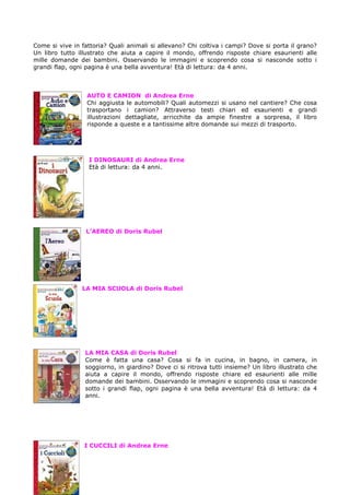 Come si vive in fattoria? Quali animali si allevano? Chi coltiva i campi? Dove si porta il grano?
Un libro tutto illustrato che aiuta a capire il mondo, offrendo risposte chiare esaurienti alle
mille domande dei bambini. Osservando le immagini e scoprendo cosa si nasconde sotto i
grandi flap, ogni pagina è una bella avventura! Età di lettura: da 4 anni.



                  AUTO E CAMION di Andrea Erne
                  Chi aggiusta le automobili? Quali automezzi si usano nel cantiere? Che cosa
                  trasportano i camion? Attraverso testi chiari ed esaurienti e grandi
                  illustrazioni dettagliate, arricchite da ampie finestre a sorpresa, il libro
                  risponde a queste e a tantissime altre domande sui mezzi di trasporto.




                   I DINOSAURI di Andrea Erne
                   Età di lettura: da 4 anni.




                  L’AEREO di Doris Rubel




                LA MIA SCUOLA di Doris Rubel




                 LA MIA CASA di Doris Rubel
                 Come è fatta una casa? Cosa si fa in cucina, in bagno, in camera, in
                 soggiorno, in giardino? Dove ci si ritrova tutti insieme? Un libro illustrato che
                 aiuta a capire il mondo, offrendo risposte chiare ed esaurienti alle mille
                 domande dei bambini. Osservando le immagini e scoprendo cosa si nasconde
                 sotto i grandi flap, ogni pagina è una bella avventura! Età di lettura: da 4
                 anni.




                 I CUCCILI di Andrea Erne
 