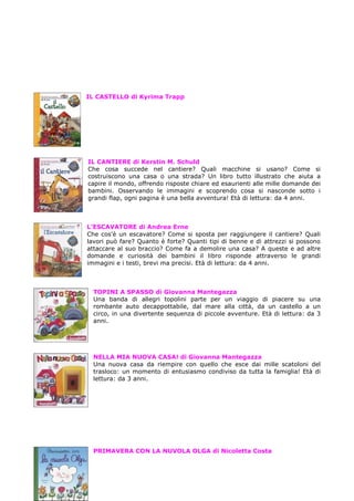 IL CASTELLO di Kyrima Trapp




IL CANTIERE di Kerstin M. Schuld
Che cosa succede nel cantiere? Quali macchine si usano? Come si
costruiscono una casa o una strada? Un libro tutto illustrato che aiuta a
capire il mondo, offrendo risposte chiare ed esaurienti alle mille domande dei
bambini. Osservando le immagini e scoprendo cosa si nasconde sotto i
grandi flap, ogni pagina è una bella avventura! Età di lettura: da 4 anni.



L’ESCAVATORE di Andrea Erne
Che cos'è un escavatore? Come si sposta per raggiungere il cantiere? Quali
lavori può fare? Quanto è forte? Quanti tipi di benne e di attrezzi si possono
attaccare al suo braccio? Come fa a demolire una casa? A queste e ad altre
domande e curiosità dei bambini il libro risponde attraverso le grandi
immagini e i testi, brevi ma precisi. Età di lettura: da 4 anni.



  TOPINI A SPASSO di Giovanna Mantegazza
  Una banda di allegri topolini parte per un viaggio di piacere su una
  rombante auto decappottabile, dal mare alla città, da un castello a un
  circo, in una divertente sequenza di piccole avventure. Età di lettura: da 3
  anni.




  NELLA MIA NUOVA CASA! di Giovanna Mantegazza
  Una nuova casa da riempire con quello che esce dai mille scatoloni del
  trasloco: un momento di entusiasmo condiviso da tutta la famiglia! Età di
  lettura: da 3 anni.




  PRIMAVERA CON LA NUVOLA OLGA di Nicoletta Costa
 