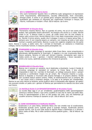 IO E L’AMBIENTE di Mario Corte
              Che cos'è l'ambiente? Questo libro si sofferma sulla spiegazione di espressioni
              come inquinamento, deforestazione, raccolta differenziata, fonti rinnovabili,
              energia pulita. E come in un grande gioco vengono elencate le semplici regole
              quotidiane per smettere di inquinare per risparmiare l'energia e l'acqua, per
              ridurre, riutilizzare e riciclare i rifiuti. Età di lettura: da 6 anni.



             EVERNIGHT di Claudia Gray
             "Torneremo insieme Bianca. Non so quando né come, ma so di non avere alcun
             dubbio. Non potrebbe essere altrimenti. Ho bisogno che anche tu ci creda. Perché
             credo in te." E Bianca crede in Lucas, gli crede come non ha mai creduto in
             nessun altro prima d'ora. Perché Bianca non è mai stata innamorata come lo è di
             lui. Perché il primo amore, quello che ti strappa il cuore e ti lascia senza fiato, è
             sempre vero. E non importa essere un vampiro, non importa se tutto e tutti sono
             contrari a questo sentimento. Bianca e Lucas non vogliono scegliere da che parte
stare. Bianca e Lucas, a sedici anni, tra i corridoi di Evernight, un esclusivo e misterioso
collegio, hanno incontrato l'amore. E nessuno potrà portarglielo via.

             STARGAZER di Claudia Gray
             Lucas, l'erede della congrega di cacciatori della Croce Nera, viene smascherato e
             allontanato dall'Accademia di Evernight. Il ragazzo e la sua innamorata Bianca,
             futura vampira, faranno di tutto per tornare insieme, nonostante ogni cosa si
             metta contro di loro: i genitori, i membri dell'Accademia, i feroci cacciatori e
             anche una nuova, spettrale presenza che minaccia la giovane.



             HOURGLASS di Claudia Gray
             Bianca non è ancora un vampiro, ma è destinata a diventarlo. Lucas è l'erede di
             un'antica congrega di cacciatori di vampiri, la Croce Nera, il loro amore
             impossibile è nato tra i corridoi di Evernight, un college esclusivo dove i vampiri
             imparano a confondersi meglio tra gli umani. Per rimanere insieme a Lucas,
             Bianca è disposta a rinunciare alla propria famiglia e al proprio destino: finché
             non ucciderà nessun essere umano, infatti, la trasformazione non si compirà. Ma
             il suo corpo inizia a bramare sangue, e la sete si fa sempre più insostenibile.
Mentre la sua vera natura la reclama, anche qualcun altro è interessato alla ragazza: gli spettri
che avevano stretto un patto con i genitori di Bianca per permetterne la nascita ora sono sulle
sue tracce.

             LA NUVOLA OLGA E LO SPAVENTAPASSERI di Nivoletta Costa
             La nuvola Olga oggi è un po' arrabbiata: quell'antipatico dello spaventapasseri
             continua a tenere lontani i suoi amici uccellini! È così che le viene una bella idea:
             invita lo spaventapasseri a fare un bel giretto nel cielo, così nel frattempo gli
             uccellini avranno il tempo di riposarsi un po'. Età di lettura: da 5 anni.



            IL CANE SCODINZOLO di Raffaella Bolaffio
            Scodinzolo è un cane felice, talmente felice che non smette mai di scodinzolare.
            Scodinzola quando corre, quando gioca e quando mangia. Scodinzola persino
            quando dorme. Con la sua coda aiuta la signora Rosa a spolverare e a cercare i
            calzini sotto al letto. Ma a volte combina anche qualche guaio... Età di lettura: da
            5 anni.
 
