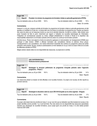 Rapport annuel de gestion 2007-2008

Projet 1-90
Objectif :

Nouveau projet

Procéder à la révision du programme de formation initiale en patrouille-gendarmerie (PFIPG)

Taux de réalisation prévu au 30 juin 2008 :

100 %

Taux de réalisation atteint au 30 juin 2008 :

79 %

Statut : En contrôle
Commentaires
Instauré il y a dix ans, plusieurs activités de formation du programme de formation initiale en patrouille-gendarmerie ont été
ajoutées ou modifiées au fil des ans. Le temps était venu de réviser en profondeur ce programme pour l’ajuster aux besoins
des corps de police qui ont beaucoup évolué au cours de la dernière décennie. Au-delà du contenu, cette révision sera
aussi l’occasion de faire le point, notamment par rapport à l’utilisation de nouvelles technologies de l’information,
l’intégration de connaissances acquises au niveau collégial préalablement à l’arrivée à l’École et la répartition des
responsabilités relativement à la formation policière entre les acteurs du continuum de formation policière.
D’entrée de jeu, l’École s’est adjoint le Centre de recherche appliquée en instrumentation de l’enseignement (CRAIE) pour
participer à cette révision. CRAIE a effectué l’animation des consultations internes et externes (focus group).
Conséquemment à ces consultations, une matrice démontrant l’ensemble des contenus du programme versus les sorties
policières a été produite. De plus, plusieurs autoévaluations ont été réalisées en ce qui a trait à la raison d’être et à la durée
de différentes activités du PFIPG.
Malgré certains retards reliés à la non-disponibilité des ressources, ce projet est en contrôle.

AXE D’INTERVENTION 2
Perfectionnement professionnel
Projet 1-18
Objectif :

Continuité du projet 01-51-0-04 démarré en 2005-2006

Développer la structure préliminaire du programme d’enquête policière selon l’approche
programme – Phase 2

Taux de réalisation prévu au 30 juin 2008 :

100 %

Taux de réalisation atteint au 30 juin 2008 :

14 %

Statut : Reporté
Commentaires
Les ressources pilotant ce dossier ont été affectées à de nouvelles fonctions. Ce projet a de nouveau dû être reporté au
prochain exercice.

Projet 1-19
Objectif :

Continuité du projet 01-51-0-03 démarré en 2005-2006

Développer le deuxième volet du cours CRI-1010 Enquête sur le crime organisé – Drogues

Taux de réalisation prévu au 30 juin 2008 :

100 %

Taux de réalisation atteint au 30 juin 2008 :

0%

Statut : Reporté
Commentaires
Ce projet a été classé dans les priorités de niveau 3, ce qui veut dire que sa réalisation peut être évaluée de nouveau si les
projets identifiés comme priorités 1 ou 2 sont terminés. Pour des raisons de non-disponibilité des ressources spécialisées
requises pour développer de nouvelles formations, aucun projet ayant une priorité de niveau 3 n’a été réalisé pendant
l’exercice 2007-2008.

35

 