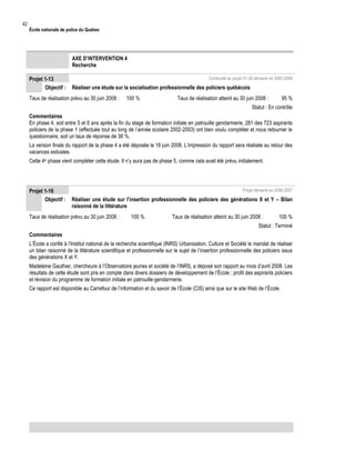 42

École nationale de police du Québec

AXE D’INTERVENTION 4
Recherche
Projet 1-13
Objectif :

Continuité du projet 01-39 démarré en 2005-2006

Réaliser une étude sur la socialisation professionnelle des policiers québécois

Taux de réalisation prévu au 30 juin 2008 :

100 %

Taux de réalisation atteint au 30 juin 2008 :

95 %

Statut : En contrôle
Commentaires
En phase 4, soit entre 5 et 6 ans après la fin du stage de formation initiale en patrouille gendarmerie, 281 des 723 aspirants
policiers de la phase 1 (effectuée tout au long de l’année scolaire 2002-2003) ont bien voulu compléter et nous retourner le
questionnaire, soit un taux de réponse de 38 %.
La version finale du rapport de la phase 4 a été déposée le 16 juin 2008. L’impression du rapport sera réalisée au retour des
vacances estivales.
Cette 4e phase vient compléter cette étude. Il n’y aura pas de phase 5, comme cela avait été prévu initialement.

Projet 1-16
Objectif :

Projet démarré en 2006-2007

Réaliser une étude sur l’insertion professionnelle des policiers des générations X et Y – Bilan
raisonné de la littérature

Taux de réalisation prévu au 30 juin 2008 :

100 %

Taux de réalisation atteint au 30 juin 2008 :

100 %

Statut : Terminé
Commentaires
L’École a confié à l’Institut national de la recherche scientifique (INRS) Urbanisation, Culture et Société le mandat de réaliser
un bilan raisonné de la littérature scientifique et professionnelle sur le sujet de l’insertion professionnelle des policiers issus
des générations X et Y.
Madeleine Gauthier, chercheure à l’Observatoire jeunes et société de l’INRS, a déposé son rapport au mois d’avril 2008. Les
résultats de cette étude sont pris en compte dans divers dossiers de développement de l’École : profil des aspirants policiers
et révision du programme de formation initiale en patrouille-gendarmerie.
Ce rapport est disponible au Carrefour de l’information et du savoir de l’École (CIS) ainsi que sur le site Web de l’École.

 