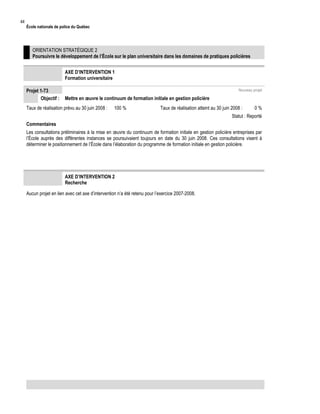 44

École nationale de police du Québec

ORIENTATION STRATÉGIQUE 2
Poursuivre le développement de l’École sur le plan universitaire dans les domaines de pratiques policières
AXE D’INTERVENTION 1
Formation universitaire
Projet 1-73
Objectif :

Nouveau projet

Mettre en œuvre le continuum de formation initiale en gestion policière

Taux de réalisation prévu au 30 juin 2008 :

100 %

Taux de réalisation atteint au 30 juin 2008 :

0%

Statut : Reporté
Commentaires
Les consultations préliminaires à la mise en œuvre du continuum de formation initiale en gestion policière entreprises par
l’École auprès des différentes instances se poursuivaient toujours en date du 30 juin 2008. Ces consultations visent à
déterminer le positionnement de l’École dans l’élaboration du programme de formation initiale en gestion policière.

AXE D’INTERVENTION 2
Recherche
Aucun projet en lien avec cet axe d’intervention n’a été retenu pour l’exercice 2007-2008.

 