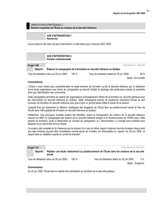 Rapport annuel de gestion 2007-2008

ORIENTATION STRATÉGIQUE 3
Étendre l’expertise de l’École au créneau de la sécurité intérieure
AXE D’INTERVENTION 1
Recherche
Aucun projet en lien avec cet axe d’intervention n’a été retenu pour l’exercice 2007-2008.

AXE D’INTERVENTION 2
Position institutionnelle
Projet 1-06
Objectif :

Projet démarré en 2006-2007

Élaborer la cartographie de la formation en sécurité intérieure au Québec

Taux de réalisation prévu au 30 juin 2008 :

100 %

Taux de réalisation atteint au 30 juin 2008 :

99 %

Statut : En contrôle
Commentaires
L’École a voulu rendre plus compréhensible ce vaste domaine de formation qu’est la sécurité intérieure par la réalisation
d’une étude exploratoire sous forme de cartographie qui devrait faciliter le repérage des partenaires actuels et potentiels
ainsi que l’identification des concurrents.
Cette cartographie permettra de repérer les organisations d’enseignement offrant de la formation en sécurité intérieure pour
les intervenants en sécurité intérieure au Québec. Cette cartographie permet de positionner clairement l’École en tant
qu’acteur de formation en sécurité intérieure ainsi que d’avoir un portrait assez fidèle et actuel de ce secteur.
L'objectif final est d'alimenter la réflexion stratégique des dirigeants de l’École face au positionnement actuel et futur de
l'École dans l'offre globale de formation en sécurité intérieure au Québec.
Initialement, trois principaux livrables avaient été identifiés, soient la Cartographie des acteurs de la sécurité intérieure
relevant du MSP, la Cartographie des acteurs de la sécurité intérieure élargie et le Positionnement de l'ENPQ dans l'offre
globale de formation. Suite à l’élaboration du concept de cartographie, la « dénomination » a changé sans toutefois avoir
délaissé ce qui devait être livré au départ.
Ce projet a été complété en fin d’exercice par la livraison d’un seul et même rapport contenant les trois livrables initiaux ainsi
que sept annexes pouvant être considérées comme ajouts de livrables, car dissociables du rapport. Au 30 juin 2008, ce
rapport était en validation auprès du comité de direction.

Projet 1-47
Objectif :

Projet démarré en 2006-2007

Réaliser une étude relativement au positionnement de l’École dans les secteurs de la sécurité
privée

Taux de réalisation prévu au 30 juin 2008 :

100 %

Taux de réalisation atteint au 30 juin 2008 :

0%

Statut : Suspendu
Commentaires
Au 30 juin 2008, l’École était en attente des orientations du ministère de la Sécurité publique.

45

 