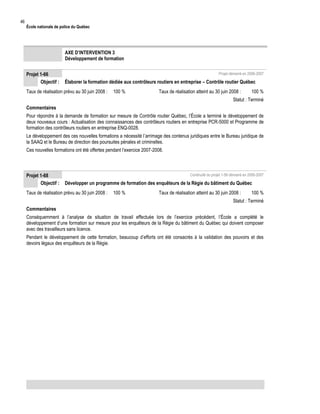 46

École nationale de police du Québec

AXE D’INTERVENTION 3
Développement de formation
Projet 1-66
Objectif :

Projet démarré en 2006-2007

Élaborer la formation dédiée aux contrôleurs routiers en entreprise – Contrôle routier Québec

Taux de réalisation prévu au 30 juin 2008 :

100 %

Taux de réalisation atteint au 30 juin 2008 :

100 %

Statut : Terminé
Commentaires
Pour répondre à la demande de formation sur mesure de Contrôle routier Québec, l’École a terminé le développement de
deux nouveaux cours : Actualisation des connaissances des contrôleurs routiers en entreprise PCR-5000 et Programme de
formation des contrôleurs routiers en entreprise ENQ-0028.
Le développement des ces nouvelles formations a nécessité l’arrimage des contenus juridiques entre le Bureau juridique de
la SAAQ et le Bureau de direction des poursuites pénales et criminelles.
Ces nouvelles formations ont été offertes pendant l’exercice 2007-2008.

Projet 1-68
Objectif :

Continuité du projet 1-58 démarré en 2006-2007

Développer un programme de formation des enquêteurs de la Régie du bâtiment du Québec

Taux de réalisation prévu au 30 juin 2008 :

100 %

Taux de réalisation atteint au 30 juin 2008 :

100 %

Statut : Terminé
Commentaires
Conséquemment à l’analyse de situation de travail effectuée lors de l’exercice précédent, l’École a complété le
développement d’une formation sur mesure pour les enquêteurs de la Régie du bâtiment du Québec qui doivent composer
avec des travailleurs sans licence.
Pendant le développement de cette formation, beaucoup d’efforts ont été consacrés à la validation des pouvoirs et des
devoirs légaux des enquêteurs de la Régie.

 