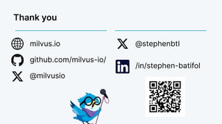 milvus.io
github.com/milvus-io/
@milvusio
@stephenbtl
/in/stephen-batifol
Thank you
 