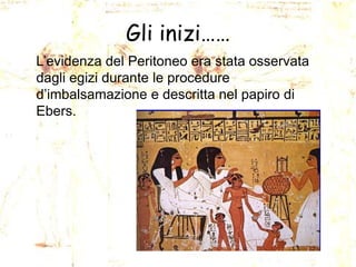 Gli inizi……
L’evidenza del Peritoneo era stata osservata
dagli egizi durante le procedure
d’imbalsamazione e descritta nel papiro di
Ebers.

 