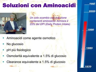 Soluzioni con Aminoacidi
Un solo scambio con soluzione
contenenti aminoacidi fornisce il
25% del DPI (Daily Protein Intake)

 Aminoacidi come agente osmotico

 No glucosio
 pH più fisiologico
 Osmolarità equivalente a 1.5% di glucosio
 Clearance equivalente a 1.5% di glucosio

 