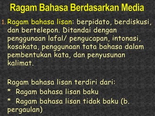 1. Ragam bahasa lisan: berpidato, berdiskusi,
dan bertelepon. Ditandai dengan
penggunaan lafal/ pengucapan, intonasi,
kosakata, penggunaan tata bahasa dalam
pembentukan kata, dan penyusunan
kalimat.
Ragam bahasa lisan terdiri dari:
* Ragam bahasa lisan baku
* Ragam bahasa lisan tidak baku (b.
pergaulan)
 