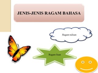 JENIS-JENIS RAGAM BAHASA
Ragam lisan
Ragam tulisan
 