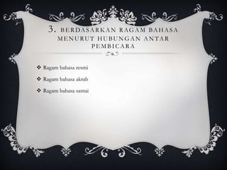 3. BE RDASARKAN RAGAM BAHASA
ME NURUT HUBUNGAN ANTAR
PE MBICARA
 Ragam bahasa resmi
 Ragam bahasa akrab
 Ragam bahasa santai
 