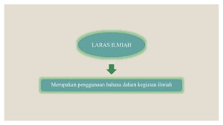 LARAS ILMIAH
Merupakan penggunaan bahasa dalam kegiatan ilmiah
 