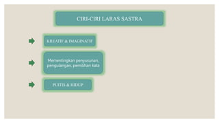 CIRI-CIRI LARAS SASTRA
KREATIF & IMAGINATIF
Mementingkan penyusunan,
pengulangan, pemilihan kata
PUITIS & HIDUP
 
