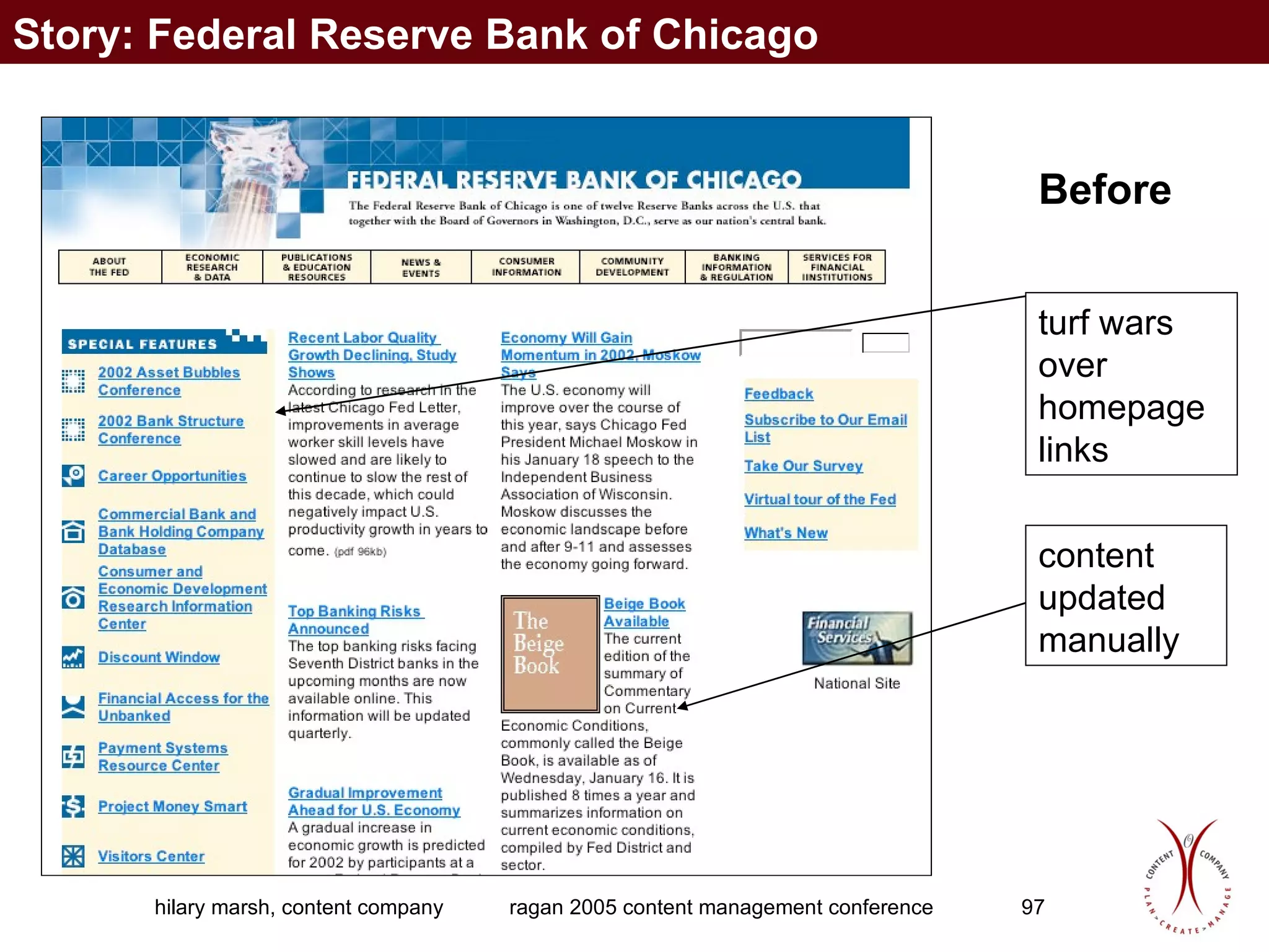 Before turf wars over homepage links content updated manually Story: Federal Reserve Bank of Chicago 